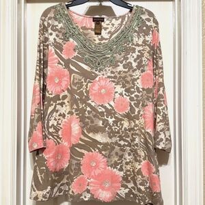 Multiples Floral 3/4 Sleeve Stretch Knit Top